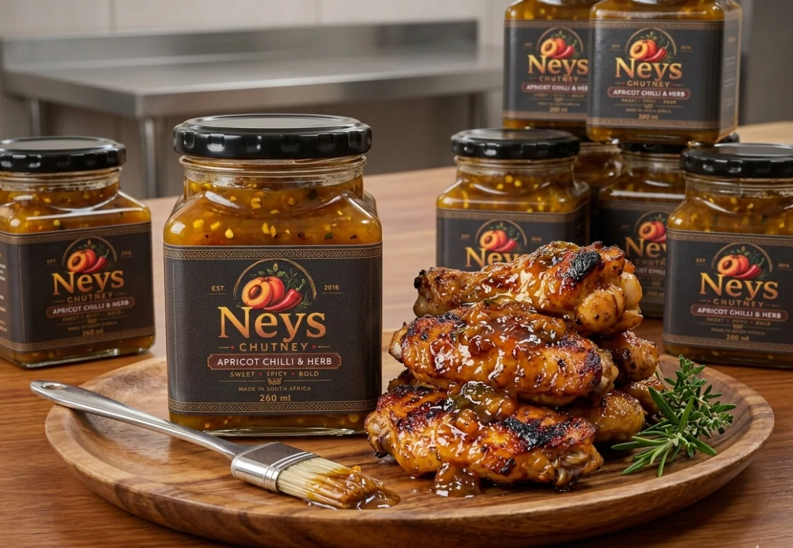Artisanal chutney jars on wooden table